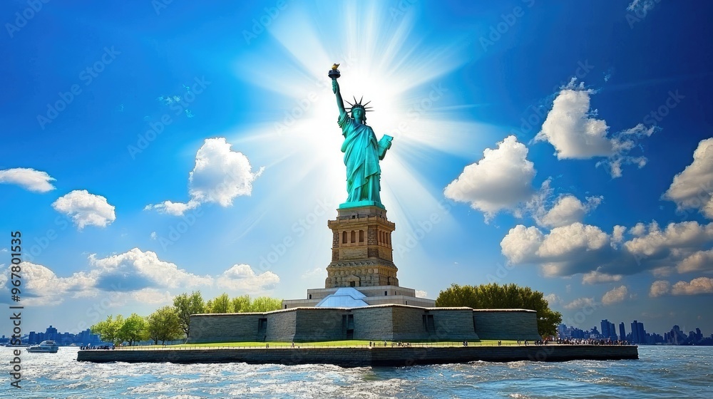 Fototapeta premium The Statue of Liberty in New York Harbor, with a vibrant blue sky and white clouds