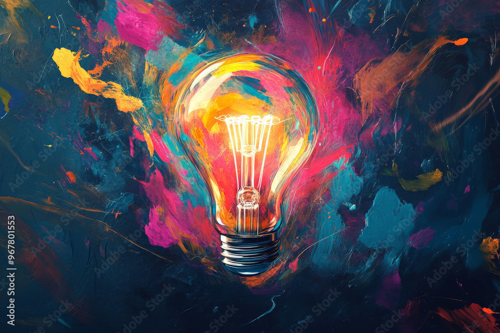 A conceptual background with a large lightbulb made of abstract paint strokes in vibrant colors, surrounded by swirling, glowing shapes. A conceptual background with a large lightbulb made of abstract paint strokes in vibrant colors, surrounded by swirling, glowing shapes.