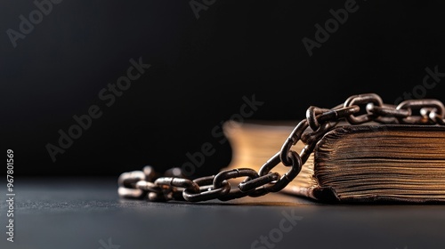 Bold headlines on a law book Felony Sanctions, with a figure in chains, Statute, Sanctions for felonies photo