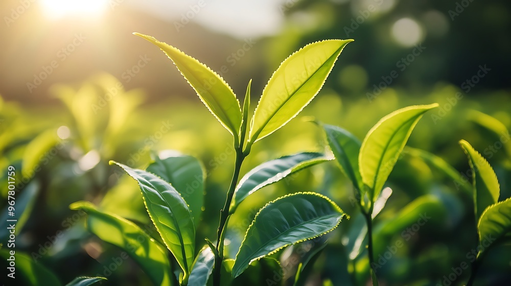 Fototapeta premium Sunrise Over Lush Green Tea Plantation