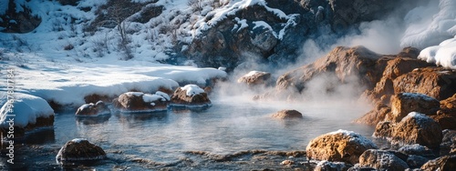 Geothermal Springs Steaming Amidst Snow-Covered Rocks photo