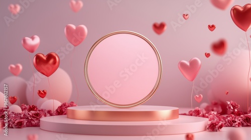 Valentine’s Day Product Display Podium With Floating Red And Pink Hearts, Balloons, Flowers, And Romantic Background In Soft Pastel Scene