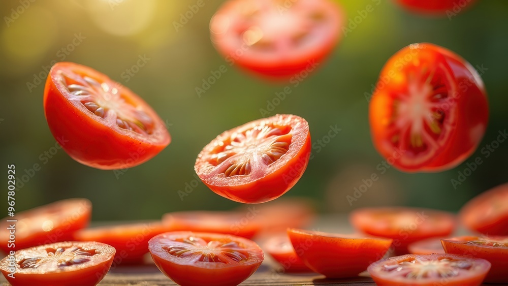 Sliced Tomatoes in Mid-Air, Highlighting Freshness and Ripeness in a Sunlit Backdrop. Sliced Tomatoes in Mid-Air, Highlighting Freshness and Ripeness in a Sunlit Backdrop.