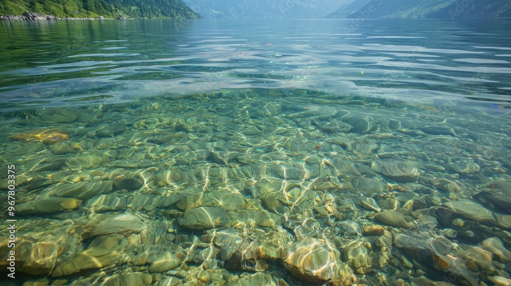 A clear, fresh mountain lake with visible rocks and fish swimming beneath the surface.