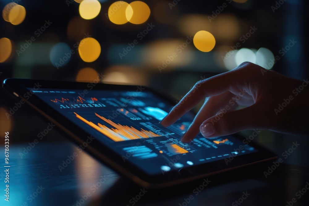 Hand interacting with data charts on tablet Hand interacting with data charts on tablet
