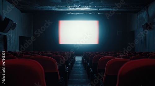 The screen in a darkened theater starts to glow as the movie begins, the light spreading across the seats.