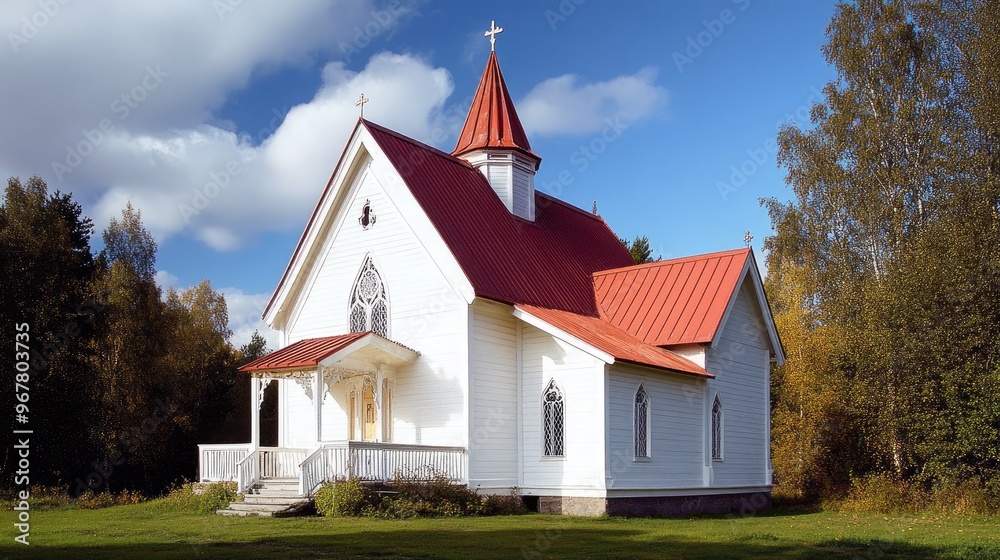 Fototapeta premium Traditional Finnish wooden church with a red roof and white walls