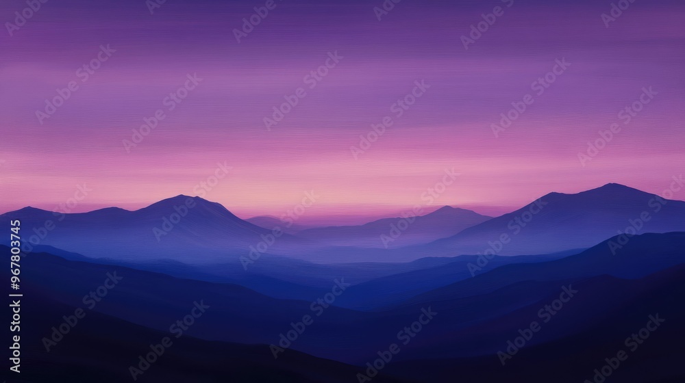 The sky at dusk, bathed in rich purples and indigos, casting a serene glow over the silhouette of distant mountains. The sky at dusk, bathed in rich purples and indigos, casting a serene glow over the silhouette of distant mountains.