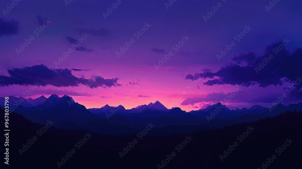 The sky at dusk, bathed in rich purples and indigos, casting a serene glow over the silhouette of distant mountains. The sky at dusk, bathed in rich purples and indigos, casting a serene glow over the silhouette of distant mountains.