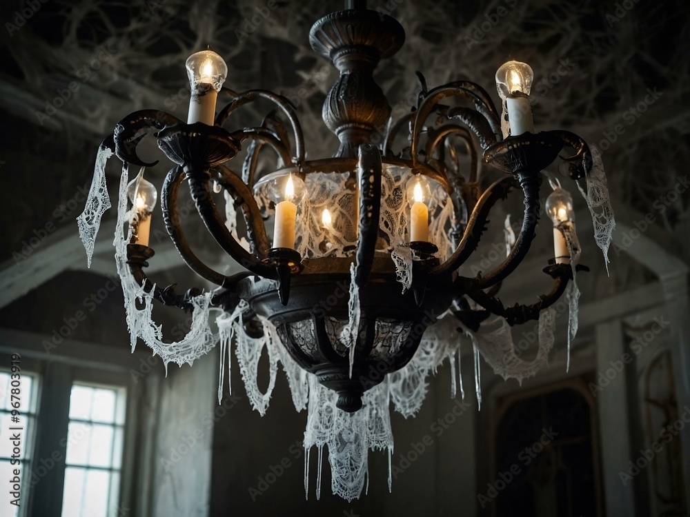 A gothic chandelier draped in lace and cobwebs with plastic spiders, casting eerie shadows. A gothic chandelier draped in lace and cobwebs with plastic spiders, casting eerie shadows.