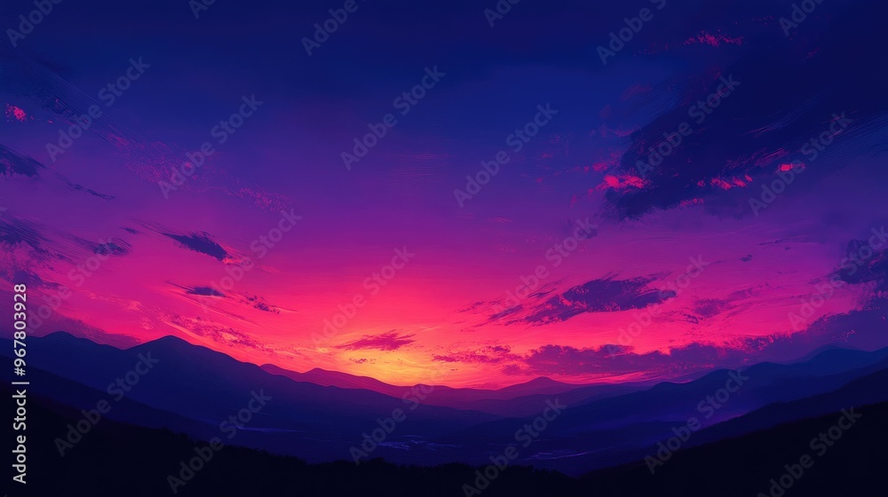 The sky at dusk, bathed in rich purples and indigos, casting a serene glow over the silhouette of distant mountains. The sky at dusk, bathed in rich purples and indigos, casting a serene glow over the silhouette of distant mountains.