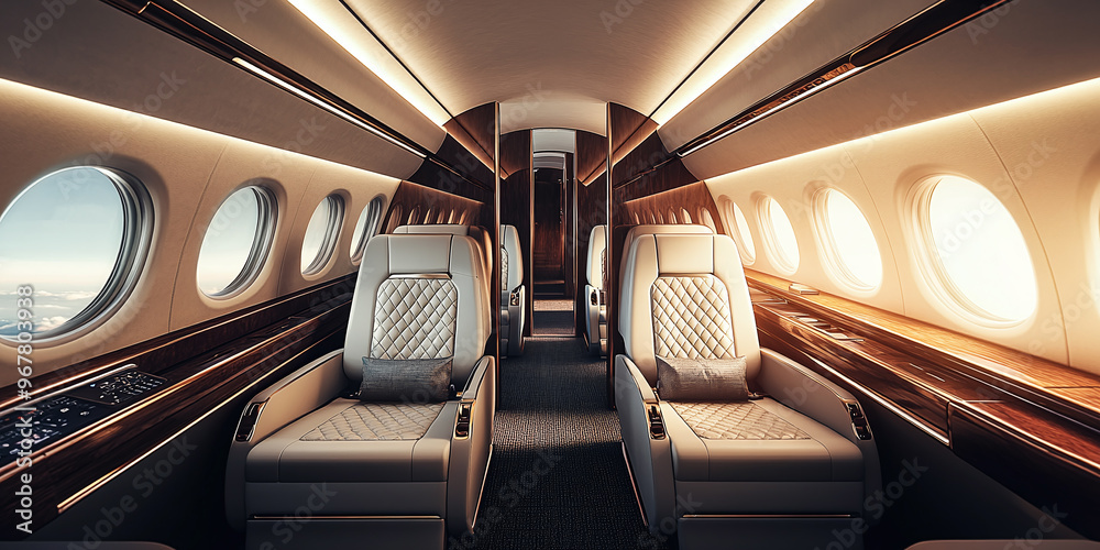Fototapeta premium The spacious cabin of the aircraft features a modern design, comfortable seats and bright interior lighting.