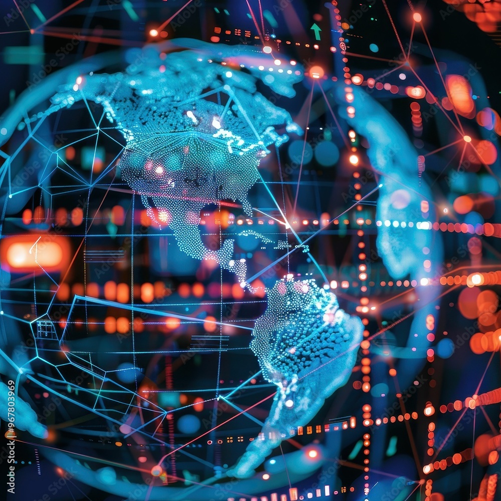 A glowing blue globe with red lights and lines, symbolizing global connectivity and technology. A glowing blue globe with red lights and lines, symbolizing global connectivity and technology.
