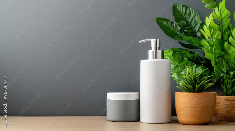 Simple, modern skincare bottles next to indoor plants, creating a fresh, natural ambiance for a minimalist beauty routine.