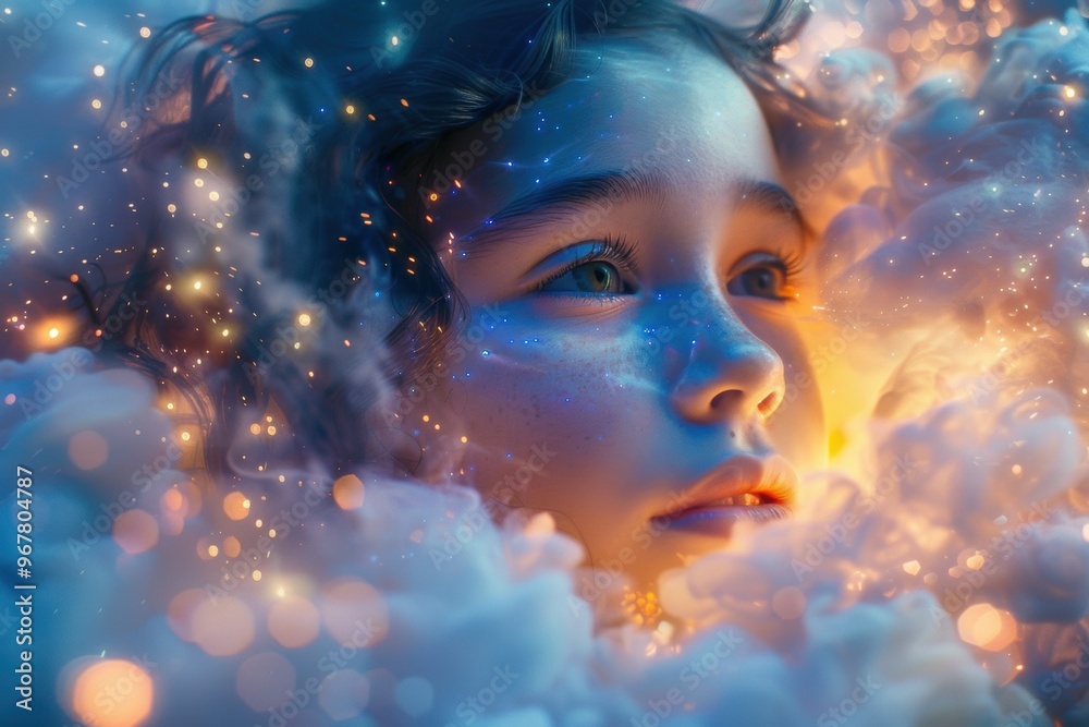 A magical being journeys through the enchanting realm of dreams and starlit clouds A magical being journeys through the enchanting realm of dreams and starlit clouds