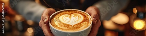 Barista making cinnamon latte with heart foam design