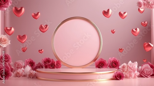 Romantic Valentine’s Day Product Display Podium With Floating Red Hearts, Roses, And Pink Floral Decor In Elegant Love-Themed Background