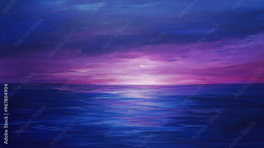 Obraz premium Twilight sky drenched in shades of purple and indigo, with the last light of day fading behind a tranquil horizon.