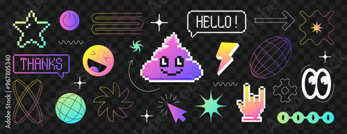 Y2k pixel icons in 8bit retro style. Pixelated gradient smile face, arrow, poop sticker, aesthetic lines, wireframe grid shapes. Rock hand sign, power button, speech bubbles with word thanks and hello