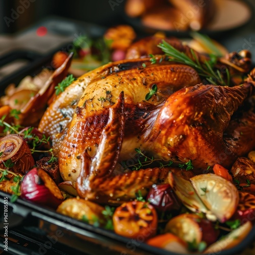 A golden brown roasted turkey with vegetables in a baking pan, perfect for Thanksgiving dinner or any special occasion. photo