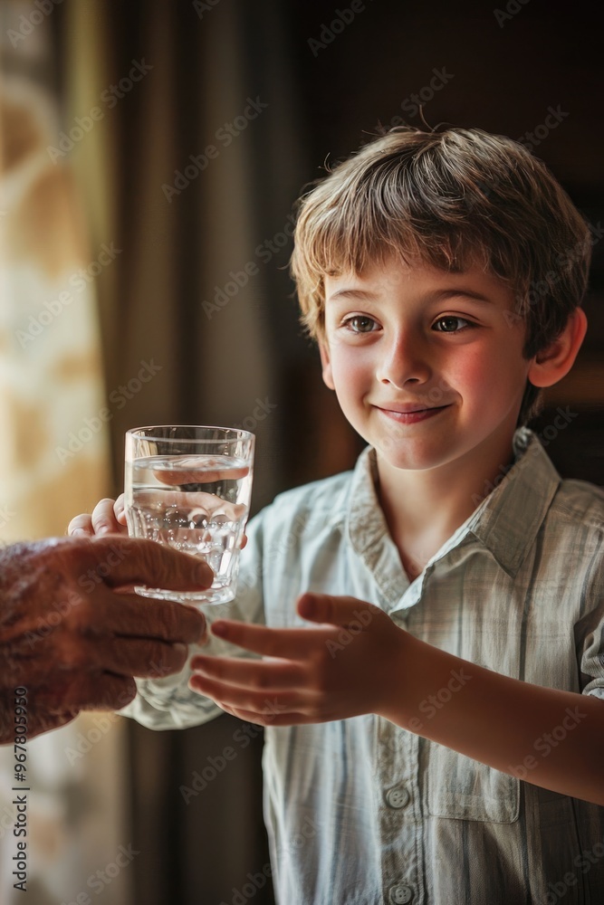 the boy gives his grandfather a glass of water. Selective focus the boy gives his grandfather a glass of water. Selective focus