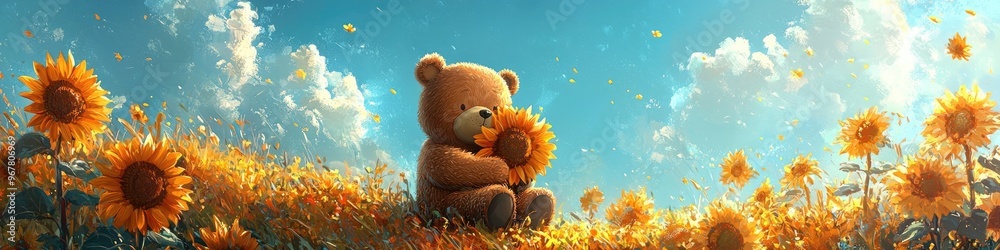 A bear hugging a sunflower on grassy hill with more sunflowers A bear hugging a sunflower on grassy hill with more sunflowers