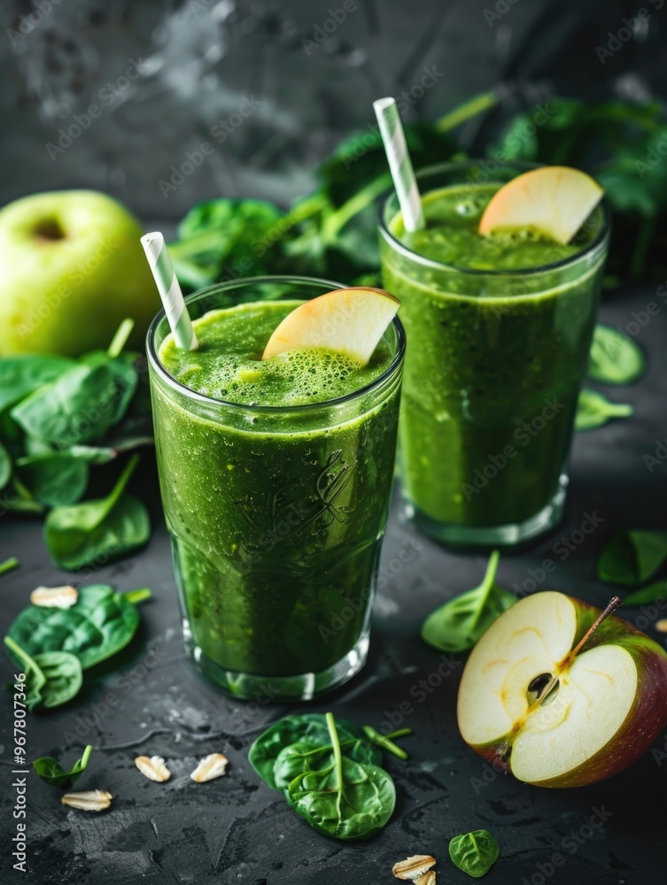Two glasses of green apple smoothie with ice and slices. Organic ingredients on a wooden table. Two glasses of green apple smoothie with ice and slices. Organic ingredients on a wooden table.