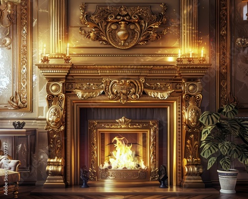 A grand, ornately decorated fireplace with a roaring fire, casting a warm glow.