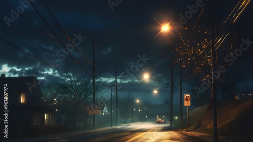 Fototapeta Naklejka Na Ścianę i Meble -  Nighttime Street Scene in a Small Town