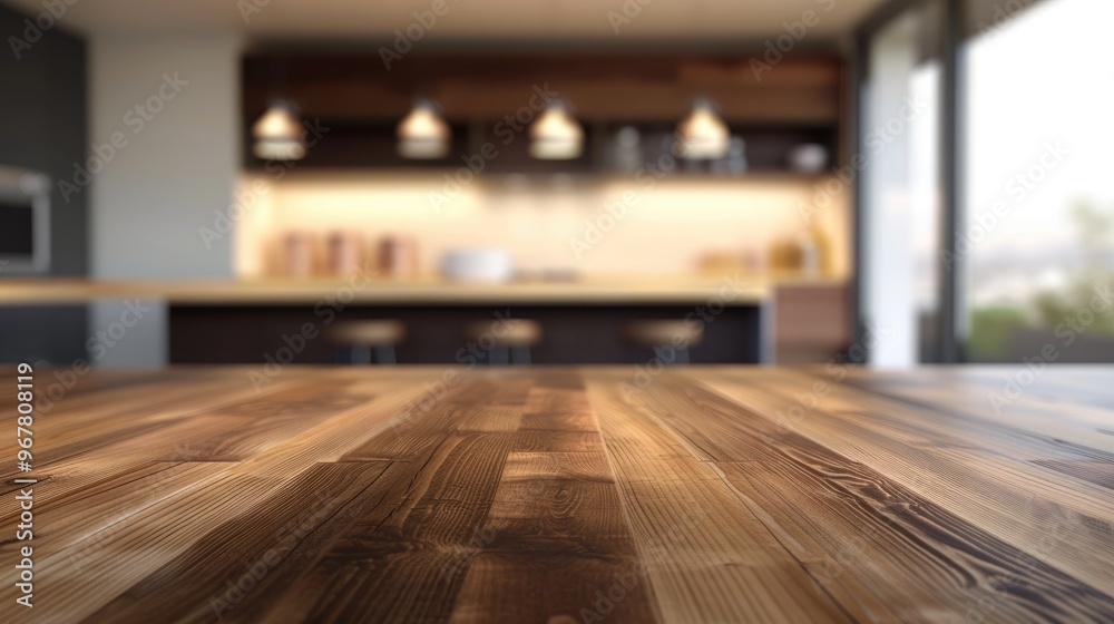 Blurred modern kitchen with a lovely wooden table top Blurred modern kitchen with a lovely wooden table top