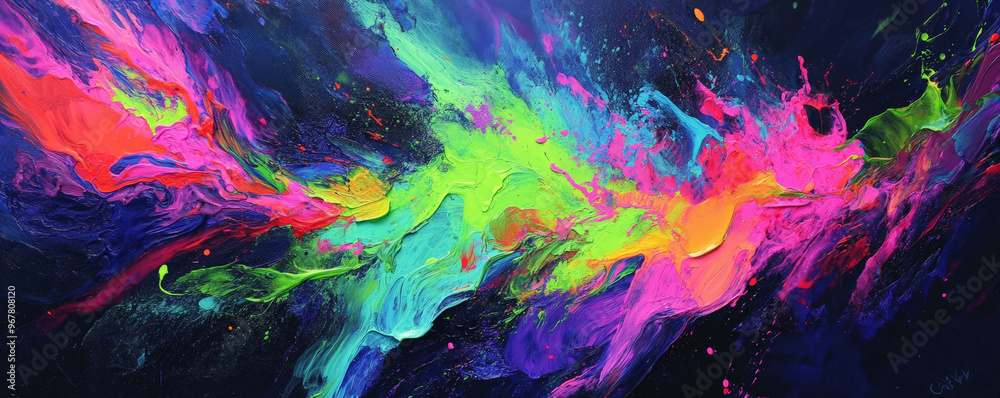 A dynamic burst of neon paints in shades of electric blue, green, and pink, with a glossy, reflective surface that creates an energetic, vibrant explosion. A dynamic burst of neon paints in shades of electric blue, green, and pink, with a glossy, reflective surface that creates an energetic, vibrant explosion.
