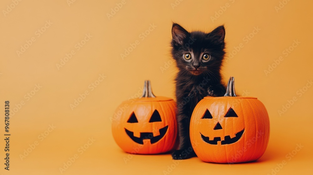 Adorable black kitten with Halloween pumpkins, orange background.