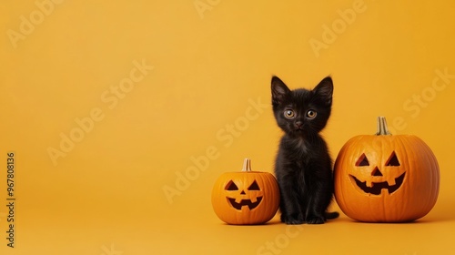 Black kitten between two Jack-o'-lantern pumpkins