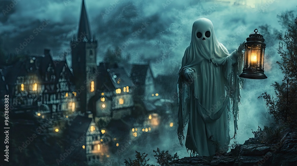 a cute realistic looking ghost spirit holding a lantern, fantasy setting, medieval town in background, nighttime a cute realistic looking ghost spirit holding a lantern, fantasy setting, medieval town in background, nighttime