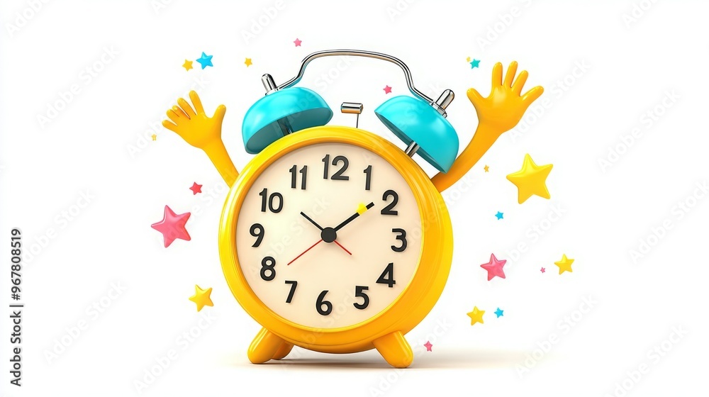 A cheerful yellow alarm clock with blue bells and two outstretched arms, surrounded by colorful stars. A cheerful yellow alarm clock with blue bells and two outstretched arms, surrounded by colorful stars.