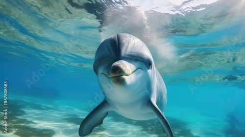 A playful dolphin swimming in clear blue waters of the ocean. photo