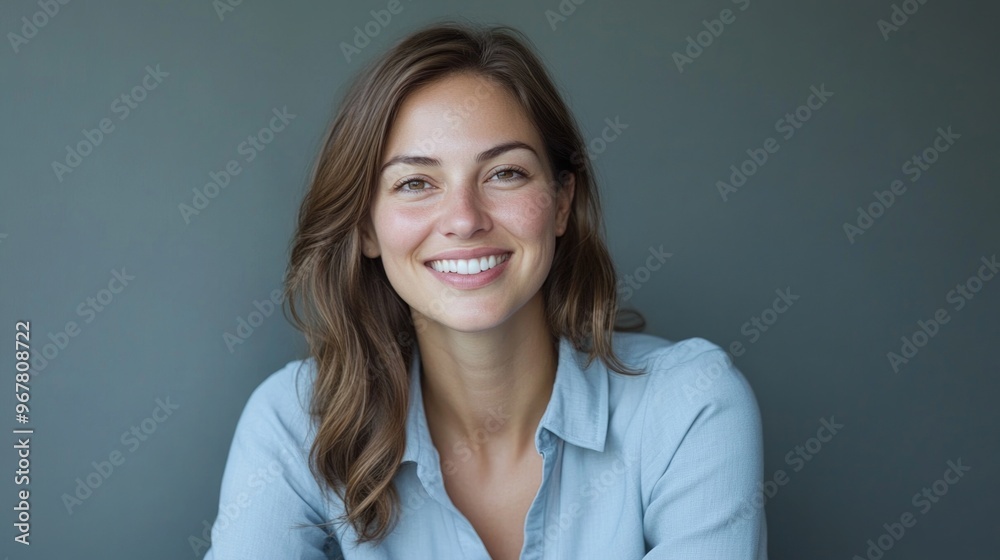 Smiling woman in business attire against gray backdrop.