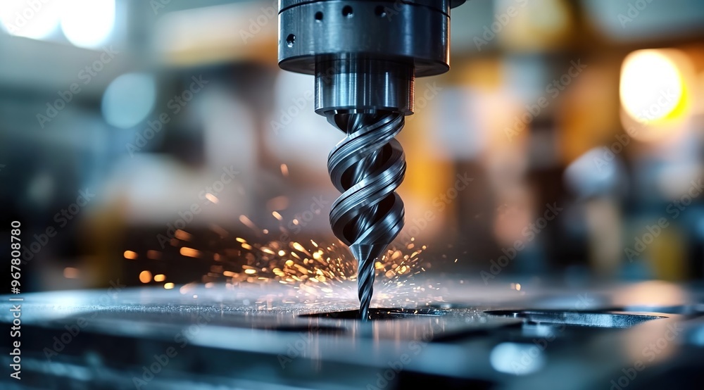 A close-up shot of an industrial drill, with its spindly spiral bit turning in the air as it burrows through metal on top of a modern machine shop table.