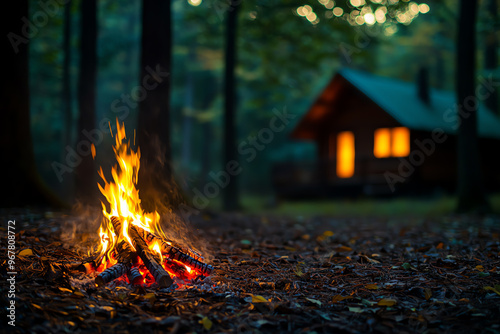 A cozy campfire crackles in a serene forest setting, with a warm glow emanating from a nearby cabin, creating a tranquil atmosphere.