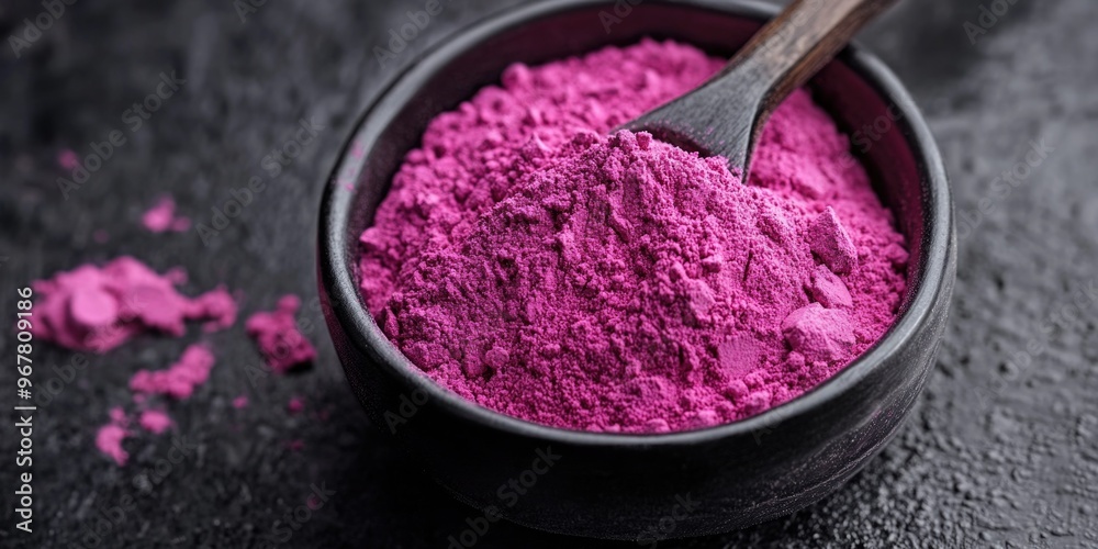 A close-up of a bowl of bright pink cosmetic or beauty dusting powder. The fine particles are visible on the black surface, which might be used for cleansing, makeup removal, or skin care. A close-up of a bowl of bright pink cosmetic or beauty dusting powder. The fine particles are visible on the black surface, which might be used for cleansing, makeup removal, or skin care.