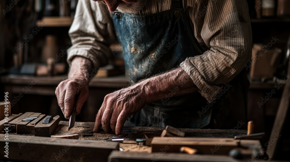 A craftsman meticulously working with wood in a workshop. A craftsman meticulously working with wood in a workshop.