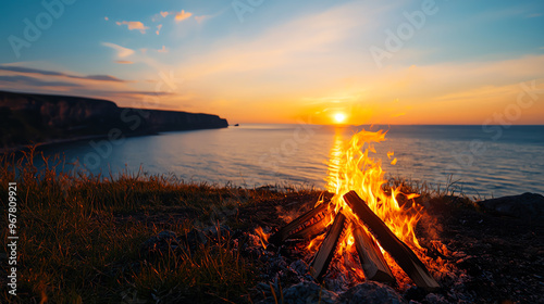 Fototapeta Naklejka Na Ścianę i Meble -  A serene sunset over the ocean with a warm campfire in the foreground, creating a peaceful outdoor atmosphere.