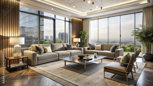 Elegant living room with sleek furniture, neutral tones, and floor-to-ceiling windows, showcasing a perfect blend of photo