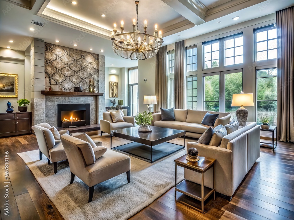 Elegant living room with sleek hardwood floors, modern chandelier, and sophisticated furnishings, showcasing the Elegant living room with sleek hardwood floors, modern chandelier, and sophisticated furnishings, showcasing the