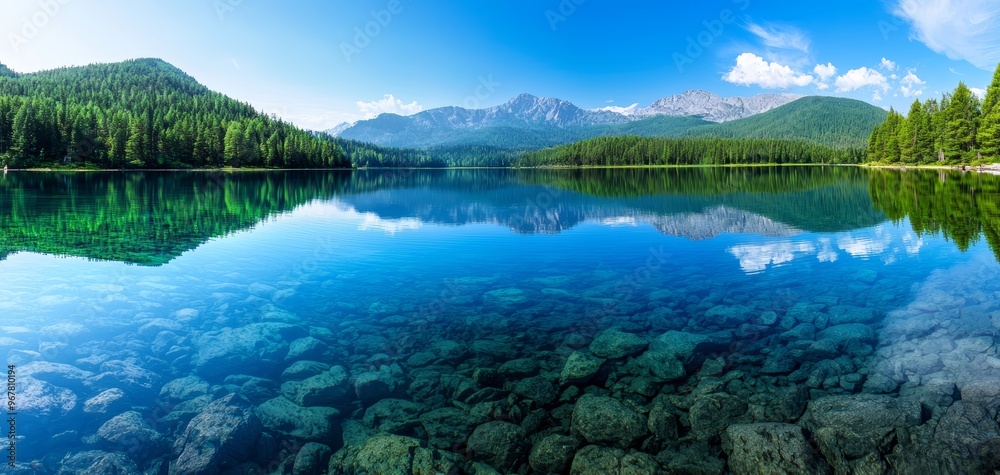A tranquil lake surrounded by dense pine forests, with the reflection of the mountains in the clear water A tranquil lake surrounded by dense pine forests, with the reflection of the mountains in the clear water