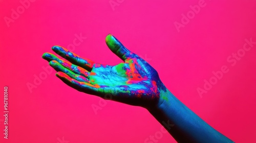 Colorfully painted hand in motion against pink background, expressive and artistic concept, creative playfulness photo