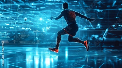 A silhouette of a man running on a futuristic blue digital interface with glowing lines and data.