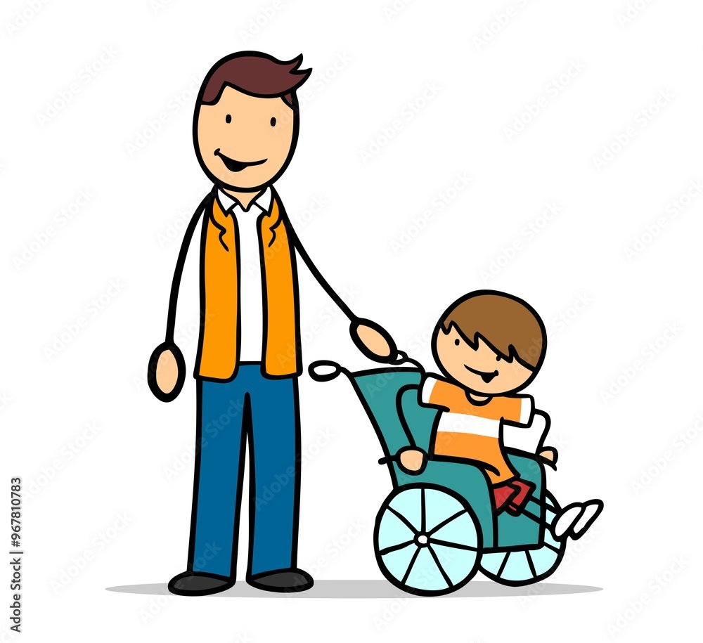 Cartoon illustration of a parent lovingly supporting their child in a wheelchair, showcasing themes of care, disability inclusion, and nurturing family bonds Cartoon illustration of a parent lovingly supporting their child in a wheelchair, showcasing themes of care, disability inclusion, and nurturing family bonds