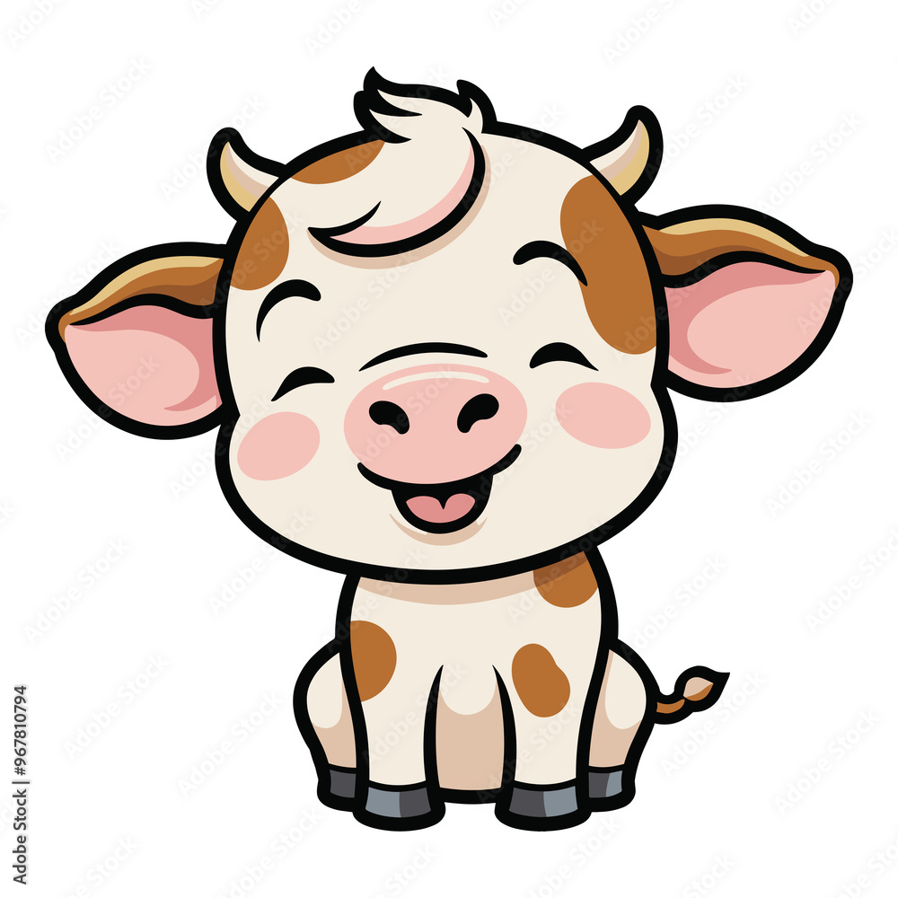 Fototapeta premium Isolated adorable baby calf cow cartoon smiling illustration, funny cow for animals, farming, children book, character, funny, mascot, countryside, nature, mascot, nursery decor, meme, comic, drawing