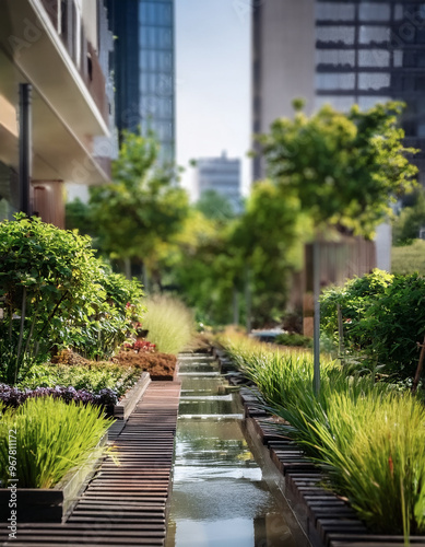 The greenery showcases a sustainable urban design with rain gardens and permeable surfaces strategically placed for managing stormwater runoff
